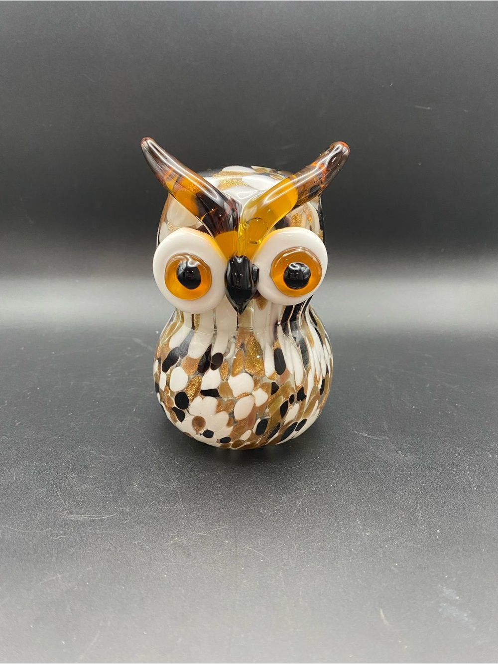 Murano Style Art Glass Hand Blown Horned Owl Figurine Gold Flake White & Brown